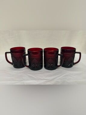 Vintage Cristal D'Arques French Ruby Red Pressed Glass Mug -‎ Set of 4